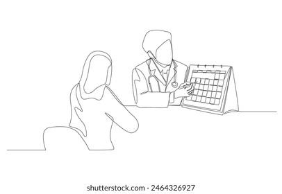 Continuous one line drawing of doctor making next appointment with patient, medical service concept, single line art.