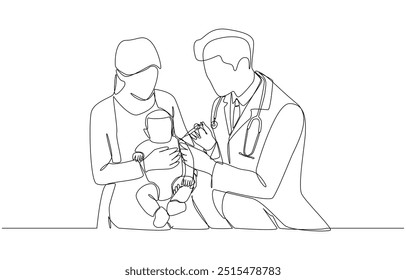 Desenho contínuo de uma linha de médico dando vacinação ao bebê, conceito de vacinação infantil, arte de uma única linha.