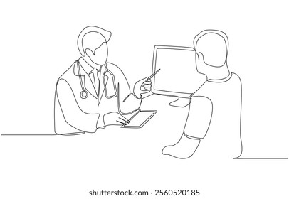 Continuous one line drawing of doctor showing results of health examination to patient, medical service concept, single line art