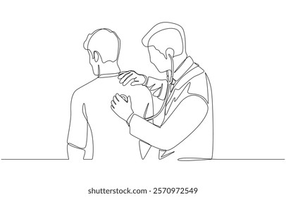 Continuous one line drawing of doctor using stethoscope to check lung function on back of patient, medical checkup, lung auscultation concept, single line art