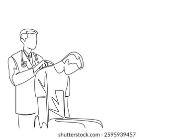 Continuous one line drawing doctor wearing stethoscope holding spine of male patient. Spinal surgeon. Treatment. Clinic. Spinal Cord Injury Awareness Day. Single line draw design vector illustration