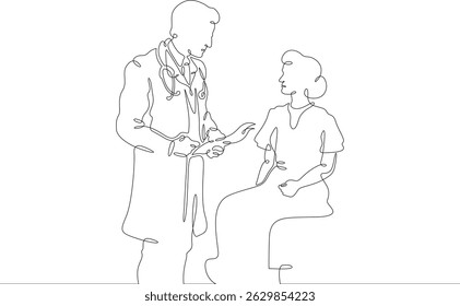 Médico contínuo de desenho de uma linha com um paciente. O médico assistente mostra os documentos do paciente doente. O médico é um homem e uma mulher. Uma linha contínua isolada mínima ilustração. Não AI.