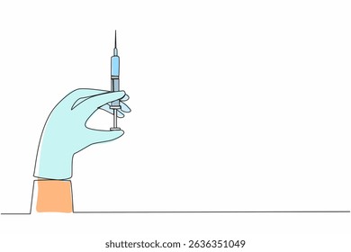Continuous one line drawing doctor hand press syringe ready to inject shot. Vaccination and medical injection. Healthcare, Medical vaccine concept. Single line draw design vector graphic illustration