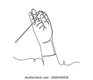 Continuous one line drawing of doctors hand in medical gloves holding test tube coronavirus in silhouette on a white background. Linear stylized.
