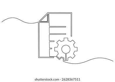 Continuous one line drawing of Document with gear wheels. Single line drawing illustration of Business or technology and start up. Engineering doc icon concept vector art. Doodle line illustration.