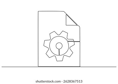 Continuous one line drawing of Document with gear wheels. Single line drawing illustration of Business or technology and start up. Engineering doc icon concept vector art. Doodle line illustration.