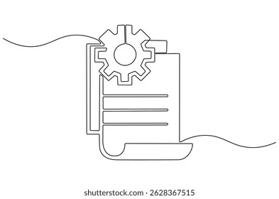 Continuous one line drawing of Document with gear wheels. Single line drawing illustration of Business or technology and start up. Engineering doc icon concept vector art. Doodle line illustration.