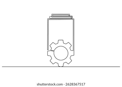 Continuous one line drawing of Document with gear wheels. Single line drawing illustration of Business or technology and start up. Engineering doc icon concept vector art. Doodle line illustration.