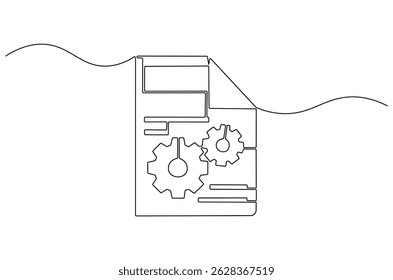 Continuous one line drawing of Document with gear wheels. Single line drawing illustration of Business or technology and start up. Engineering doc icon concept vector art. Doodle line illustration.
