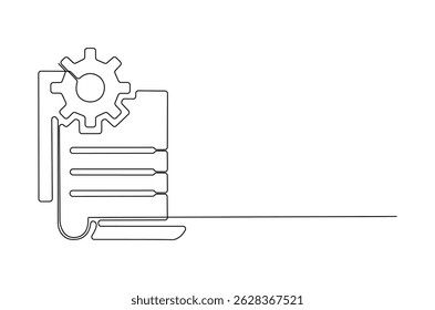Continuous one line drawing of Document with gear wheels. Single line drawing illustration of Business or technology and start up. Engineering doc icon concept vector art. Doodle line illustration.