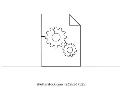 Continuous one line drawing of Document with gear wheels. Single line drawing illustration of Business or technology and start up. Engineering doc icon concept vector art. Doodle line illustration.