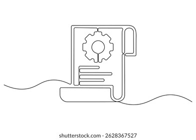 Continuous one line drawing of Document with gear wheels. Single line drawing illustration of Business or technology and start up. Engineering doc icon concept vector art. Doodle line illustration.