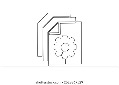 Continuous one line drawing of Document with gear wheels. Single line drawing illustration of Business or technology and start up. Engineering doc icon concept vector art. Doodle line illustration.