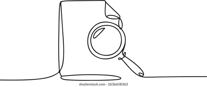 Continuous one line drawing of a document with wavy lines and a magnifying glass in minimalist black and white vector style

