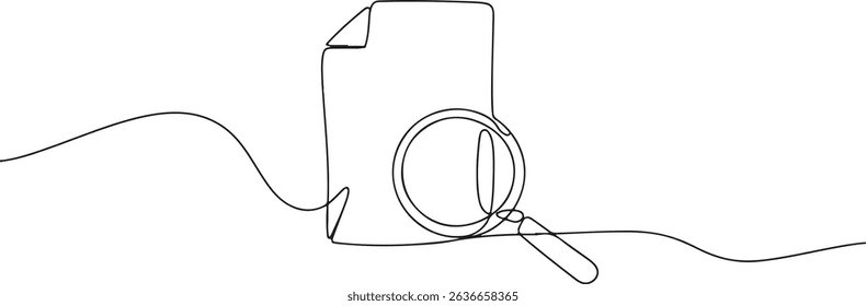Continuous one line drawing of a document with wavy lines and a magnifying glass in minimalist black and white vector style

