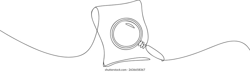 Continuous one line drawing of a document with wavy lines and a magnifying glass in minimalist black and white vector style

