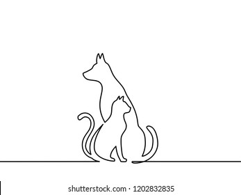 Continuous One Line Drawing. Dog And Cat Logo. Black And White Vector Illustration. 