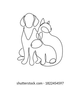 Continuous one line drawing. dog, cat and bunny logo. Pet shop design. One line art vector illustration.