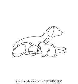 Continuous One Line Drawing. Dog, Cat And Bunny Logo. Pet Shop Design. One Line Art Vector Illustration.