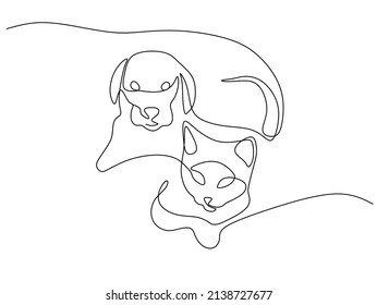 Dibujo continuo de una línea. logotipo de perro y gato. Ilustración vectorial en blanco y negro.
