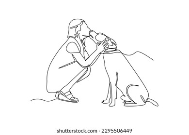 Continuous one line drawing dog kisses owner. Urban pets concept. Single line draw design vector graphic illustration.