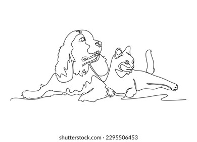 Continuous one line drawing dog and cat. Urban pets concept. Single line draw design vector graphic illustration.