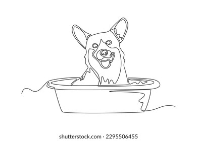 Continuous one line drawing dog bath in tub. Urban pets concept. Single line draw design vector graphic illustration.