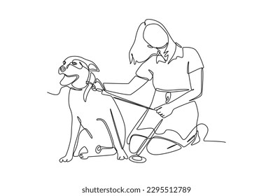 Continuous one line drawing dog with its owner. Urban pets concept. Single line draw design vector graphic illustration.