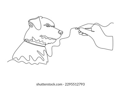 Continuous one line drawing dog get medicine. Urban pets concept. Single line draw design vector graphic illustration.