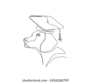 Continuous one line drawing of dog head wearing graduation cap. Labrador retrieve head with graduation cap single line art vector illustration. Editable stroke.