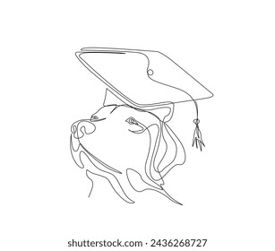 Continuous one line drawing of dog head wearing graduation cap. Labrador retrieve head with graduation cap single line art vector illustration. Editable stroke.