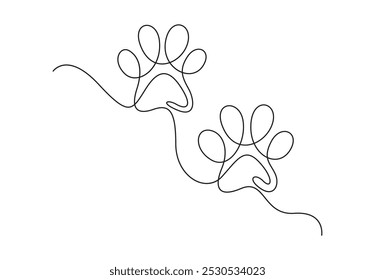 Dibujo continuo de una línea de huellas de patas de perro. Silueta de la pata del perro en la Ilustración vectorial blanca del fondo