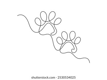 Dibujo continuo de una línea de huellas de patas de perro. Silueta de la pata del perro en la Ilustración vectorial blanca del fondo