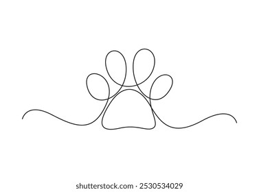 Dibujo continuo de una línea de huellas de patas de perro. Silueta de la pata del perro en la Ilustración vectorial blanca del fondo