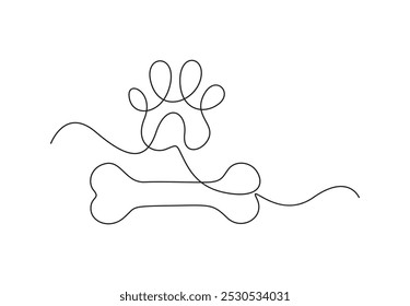 Dibujo continuo de una línea de huellas de patas de perro. Silueta de la pata del perro en la Ilustración vectorial blanca del fondo