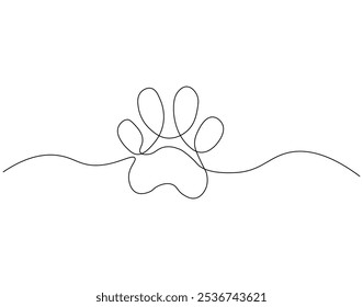 Continuous one line drawing of dog or cat paw. One line drawing illustration of dog or cat mark footprint. Dog or cat step, footprint concept single line. Editable outline