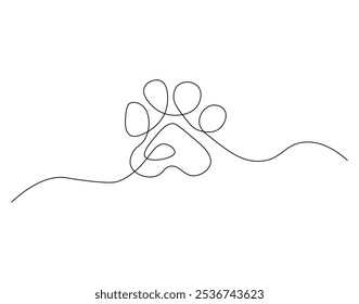 Dibujo continuo de una línea de pata de perro o gato. Ilustración de dibujo de una línea de huella de perro o marca de gato. Paso de perro o gato, concepto de huella de una sola línea. Esquema editable