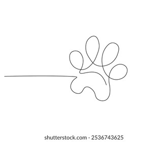 Continuous one line drawing of dog or cat paw. One line drawing illustration of dog or cat mark footprint. Dog or cat step, footprint concept single line. Editable outline