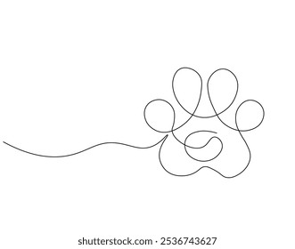 Continuous one line drawing of dog or cat paw. One line drawing illustration of dog or cat mark footprint. Dog or cat step, footprint concept single line. Editable outline