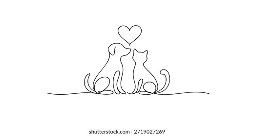 Continuous one line drawing of a dog and cat sitting together with a heart above them, symbolizing love, friendship, harmony, and companionship between pets.