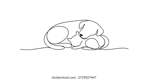 Kontinuierliche einzeilige Zeichnung eines Hundes und einer Katze, die in einer friedlichen Pose miteinander schlafen, symbolisiert Wärme, Vertrauen, Harmonie und sanfte Freundschaft zwischen den Haustieren.