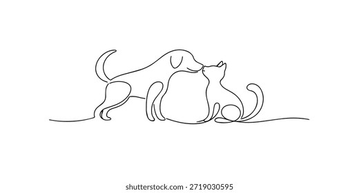Continuous one line drawing of a dog gently touching noses with a cat, symbolizing friendship, affection, harmony, and loving companionship between pets
