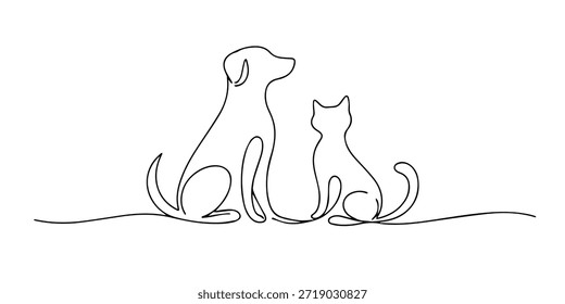 Desenho contínuo de uma linha de um cão e gato sentado lado a lado, simbolizando companhia, lealdade, harmonia e convivência pacífica entre animais de estimação.