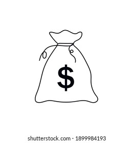 Continuous One Line Drawing A Dollar Money Bag. Vector Illustration Perfect For Greeting Cards, Party Invitations, Posters, Stickers, Clothing. Silhouette Of A Money Bag