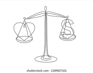 Continuous one line drawing of dollar sign and heart on scales.