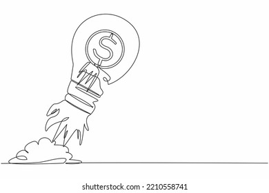 Continuous one line drawing dollar coin launching with light bulb. Business startup and growth, success, big profit, money exchange rate increase. Single line draw design vector graphic illustration