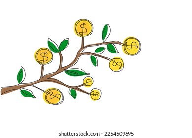 Continuous one line drawing dollar symbol hanging from tree branch. Money tree. Green cash banknotes with golden coins. Concept for return money investment. Single line draw design vector illustration