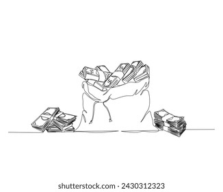 Continuous one line drawing of dollar money bag . A lot of money in bagsack single outline vector illustration. Editable stroke.