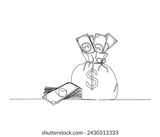 Kontinuierliche eine Linie Zeichnung von Dollar Geldbeutel . Viel Geld in Beutel einzelne Umriss Vektor-Illustration. Bearbeitbarer Strich.