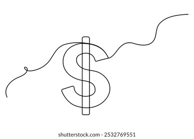 
Dibujo continuo de una línea del símbolo del dólar aislado en la Ilustración vectorial de contorno de fondo blanco